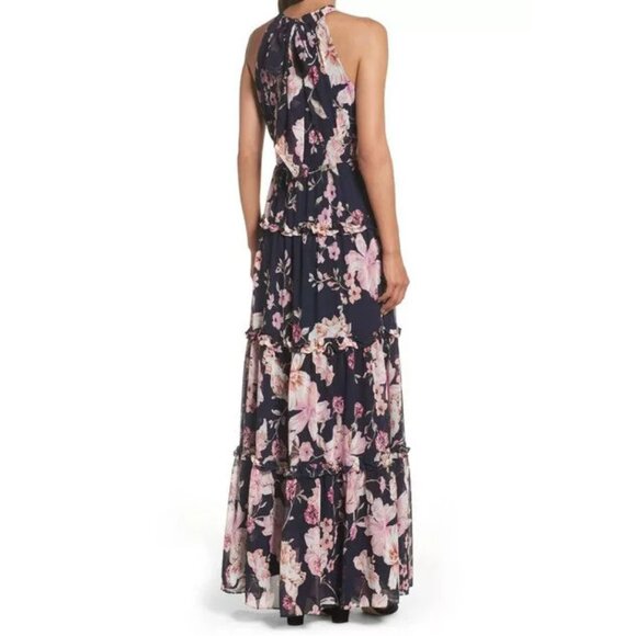 Eliza J Floral‎ Halter Ruffle Maxi Dress Navy Pink Flower Dress 2 - Picture 3 of 9